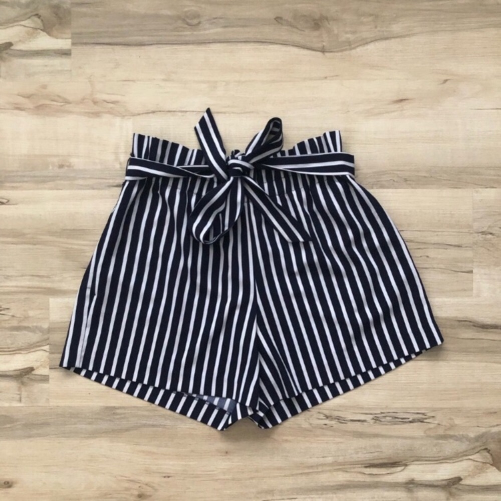 New York & Company Navy and White High Waist Striped Paperbag Shorts
